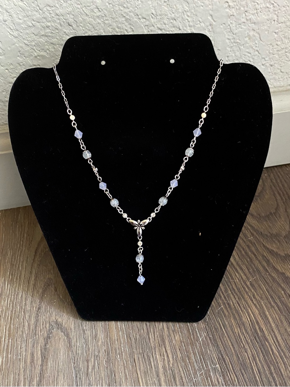Silver Floral Y-Drop Necklace with Light Blue Beads